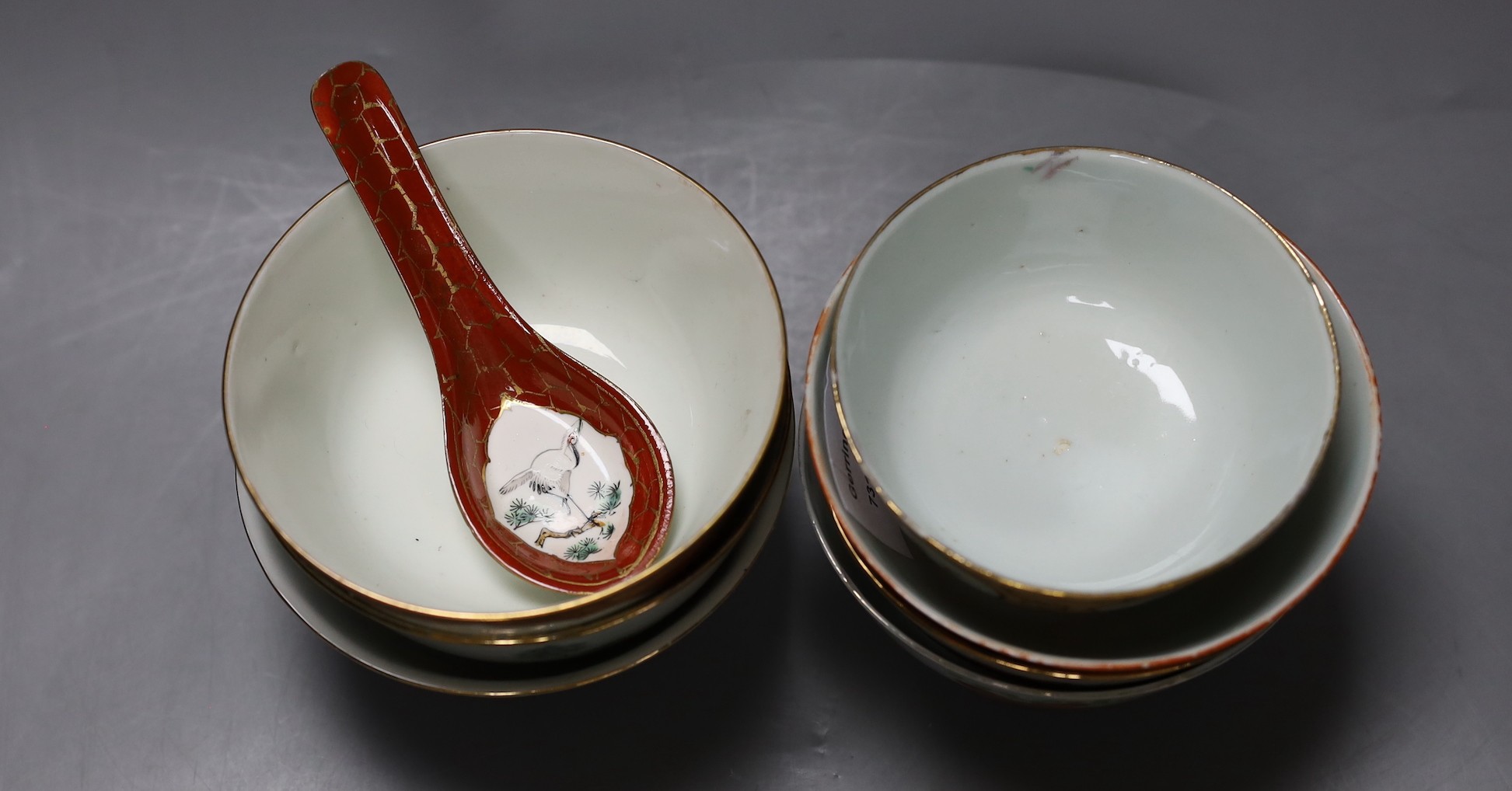 A selection of seven Chinese Republic period bowls, together with a rice spoon. Largest bowl 13cm diameter